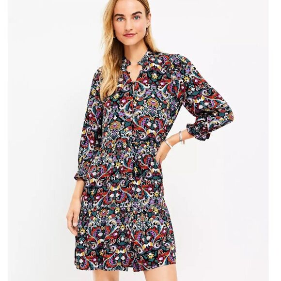 LOFT Floral Button Front Tiered Multicolor Floral Long Sleeve Dress Size XL - Picture 1 of 13